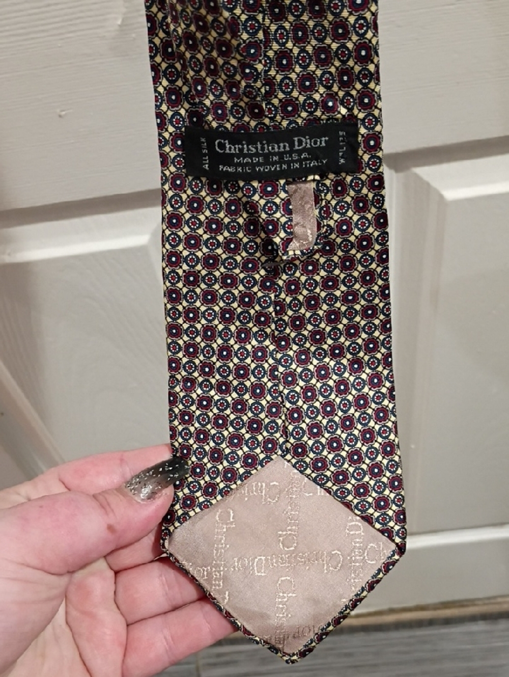 Dior Men's Silk Tie in Burgundy, Gold and Navy Geometric